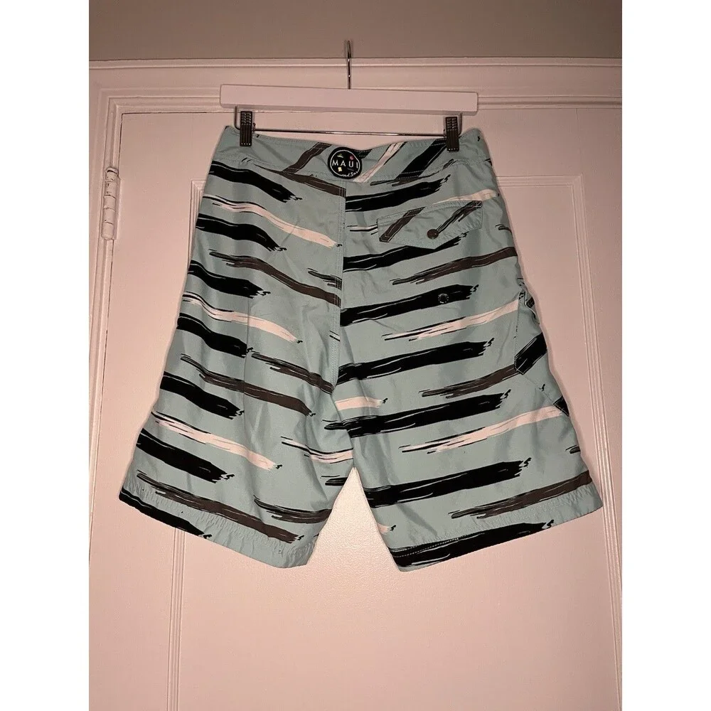 Maui and Sons Board Shorts Striped Light Blue Black Men's Pockets